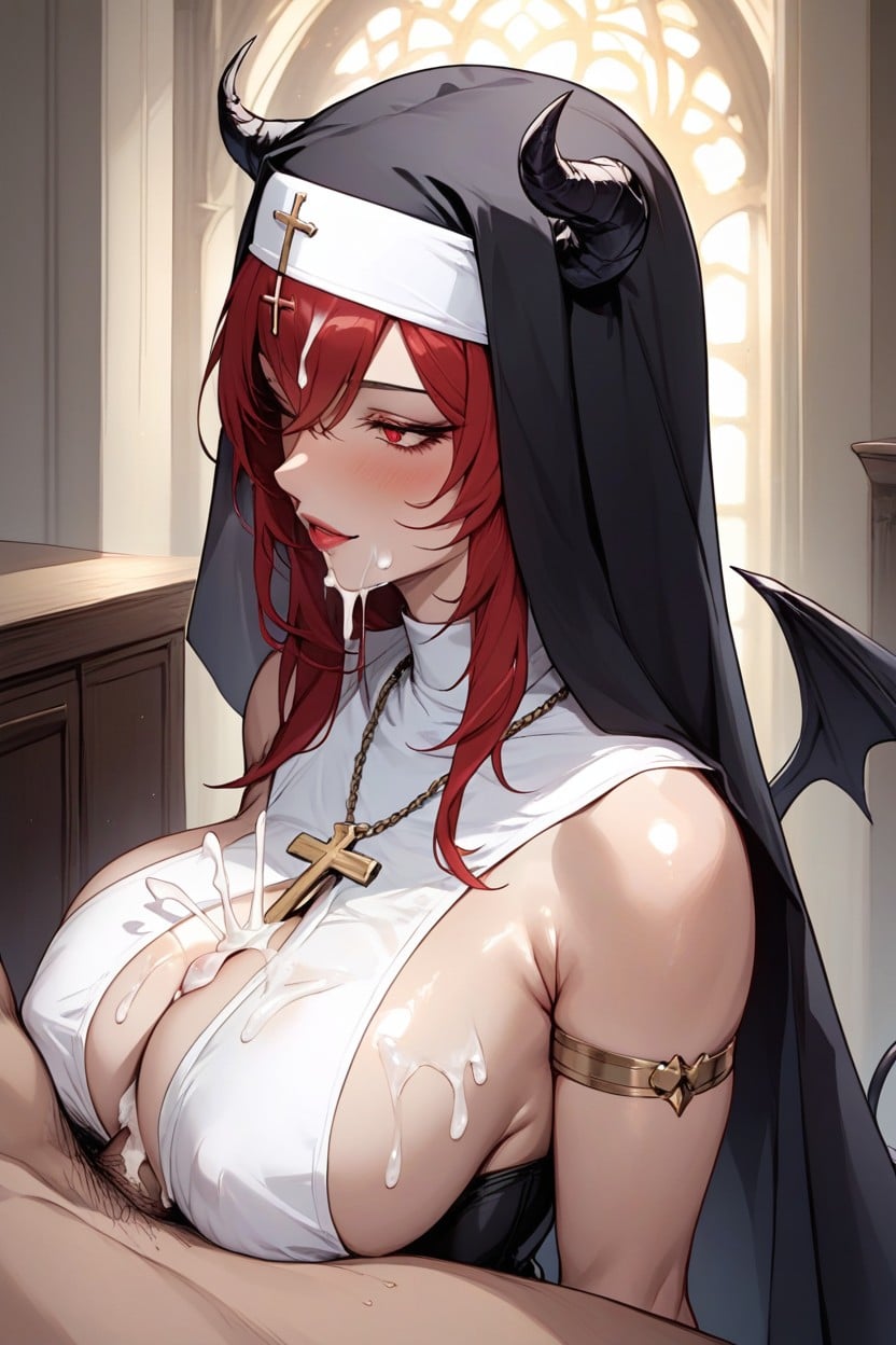 Mamada Entre Senos, Vista Lateral, Ropa Ajustada Hentai IA