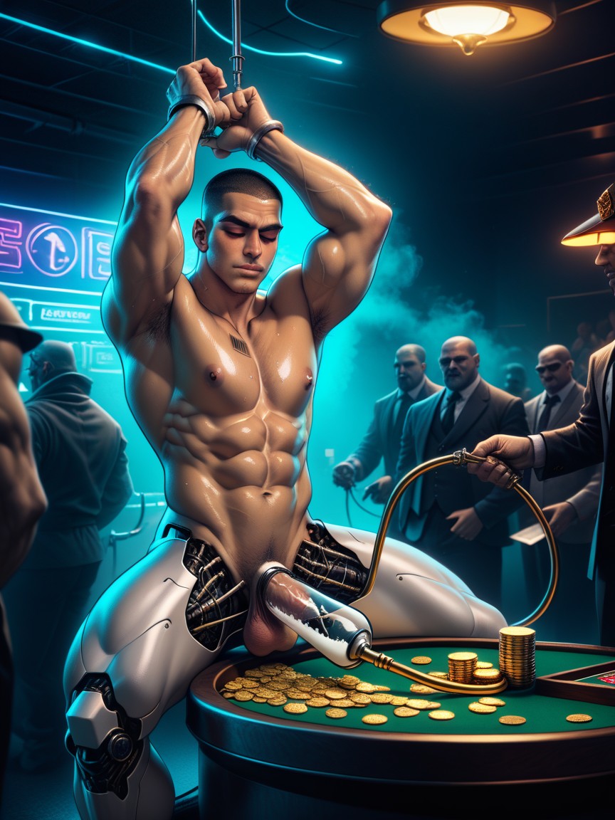 Golden Coins, Milking Machine, Chained Arms AI Gay Porn