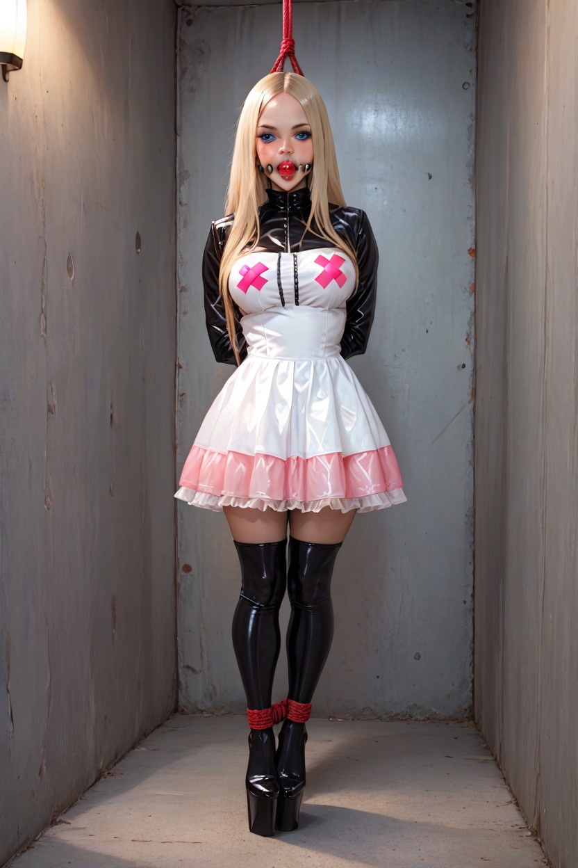 Arms Tied Up Over Head, Transparent Latex Pastel Pink Petticoat Skirt, Abigail Williams From Fate AI Porn