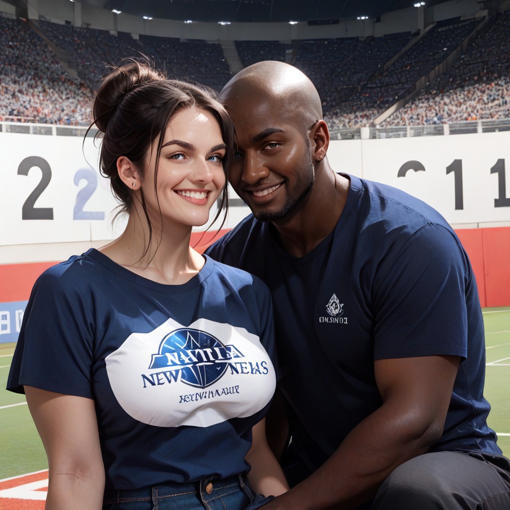 Sitting In Seats At Stadium, He Is Taller Than Her, Interracial Hentai AI Porn
