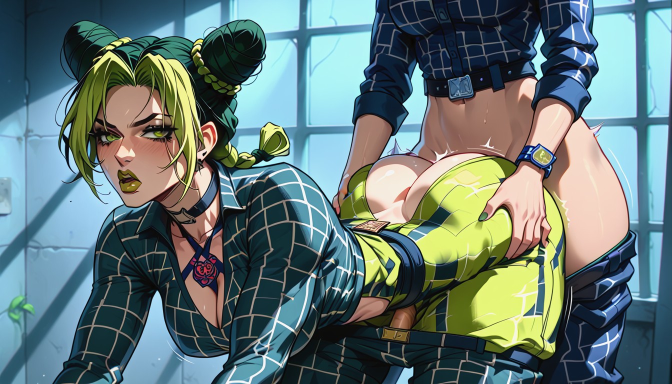 Jolyne Gets Her Breasts Groped From Behind, Makima Groping Jolynes Tits While Fucking Her From Behind, Makima Kissing Jolynes Neck Hentai AI Porn
