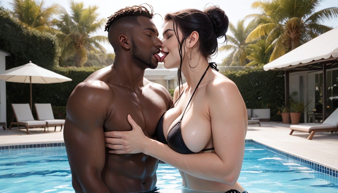 She Is Holding The Back Of His Neck, Bottom Up, High Contrast Hentai AI Porn