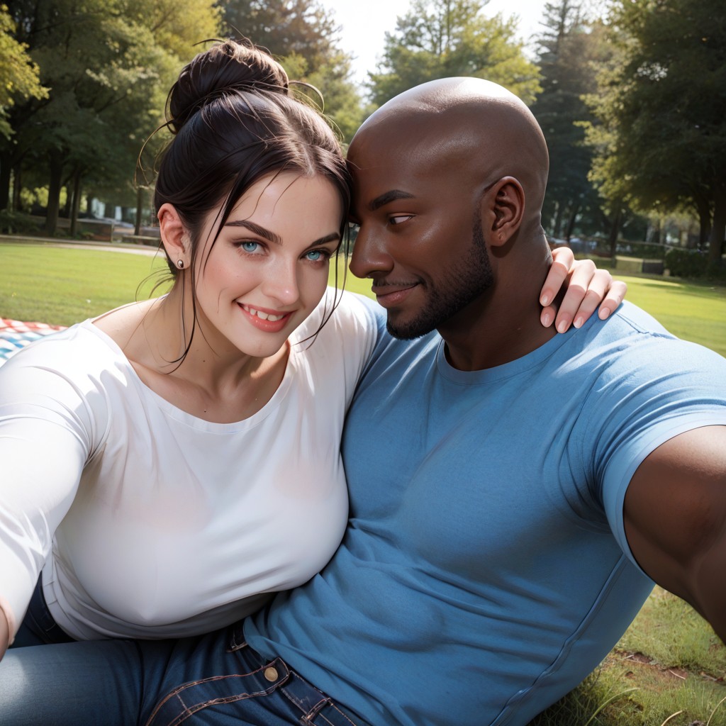 Shiny Wet Skin, Selfie, Sitting Together On Checkered Blanket In Park Hentai AI Porn