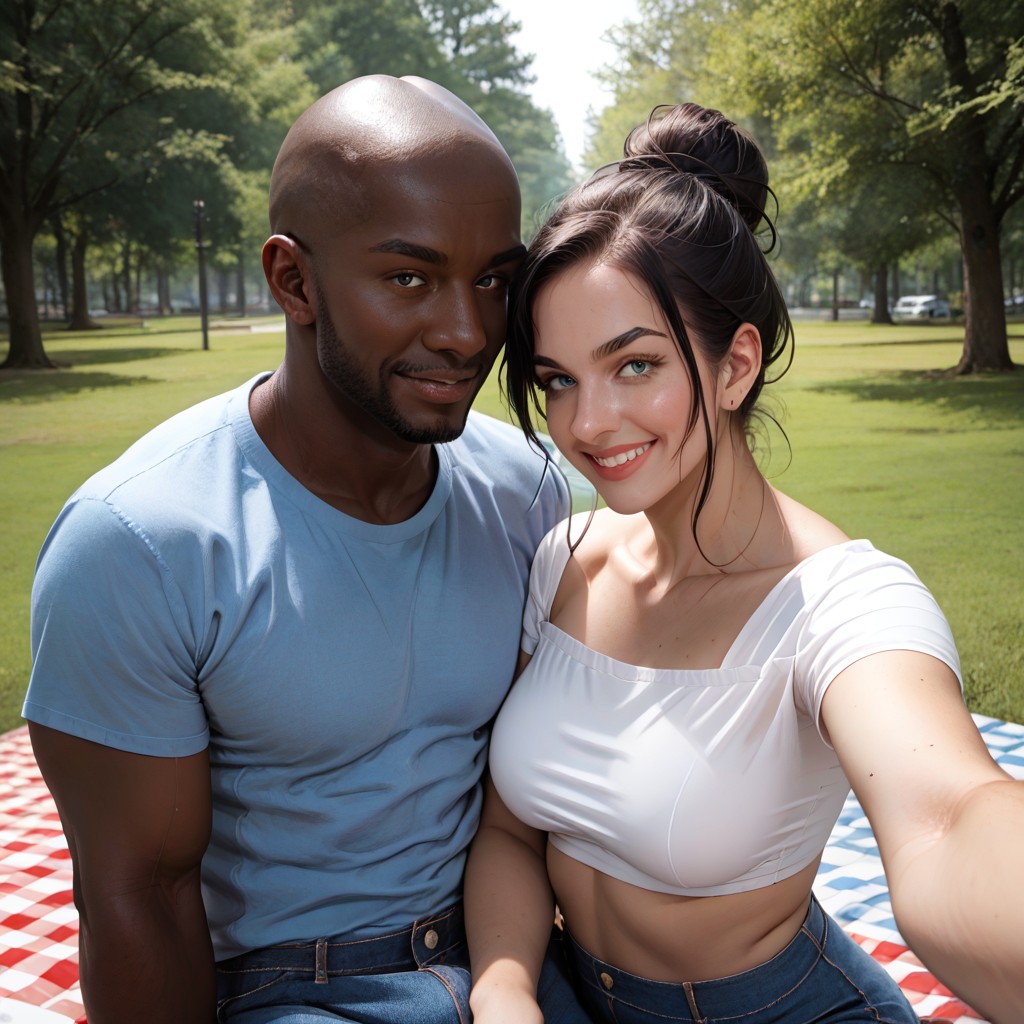 Affectionate Touching, Taller Dark Bald Black Man Relaxing With Shorter Pale White Woman, Mangas Cortas Hentai IA