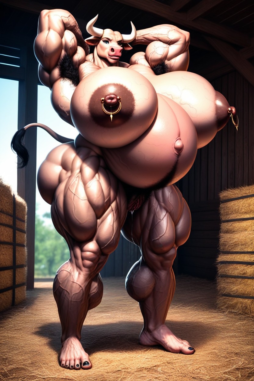 Nipple Piercings, Female Bovine, Full Body Furry AI Porn