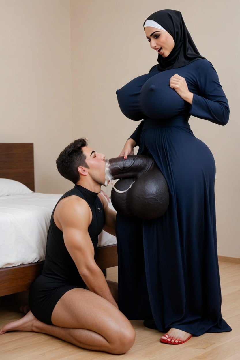 Puffy Nipples, Bloated Male, Futa Having A Blowjob Shemale AI Porn
