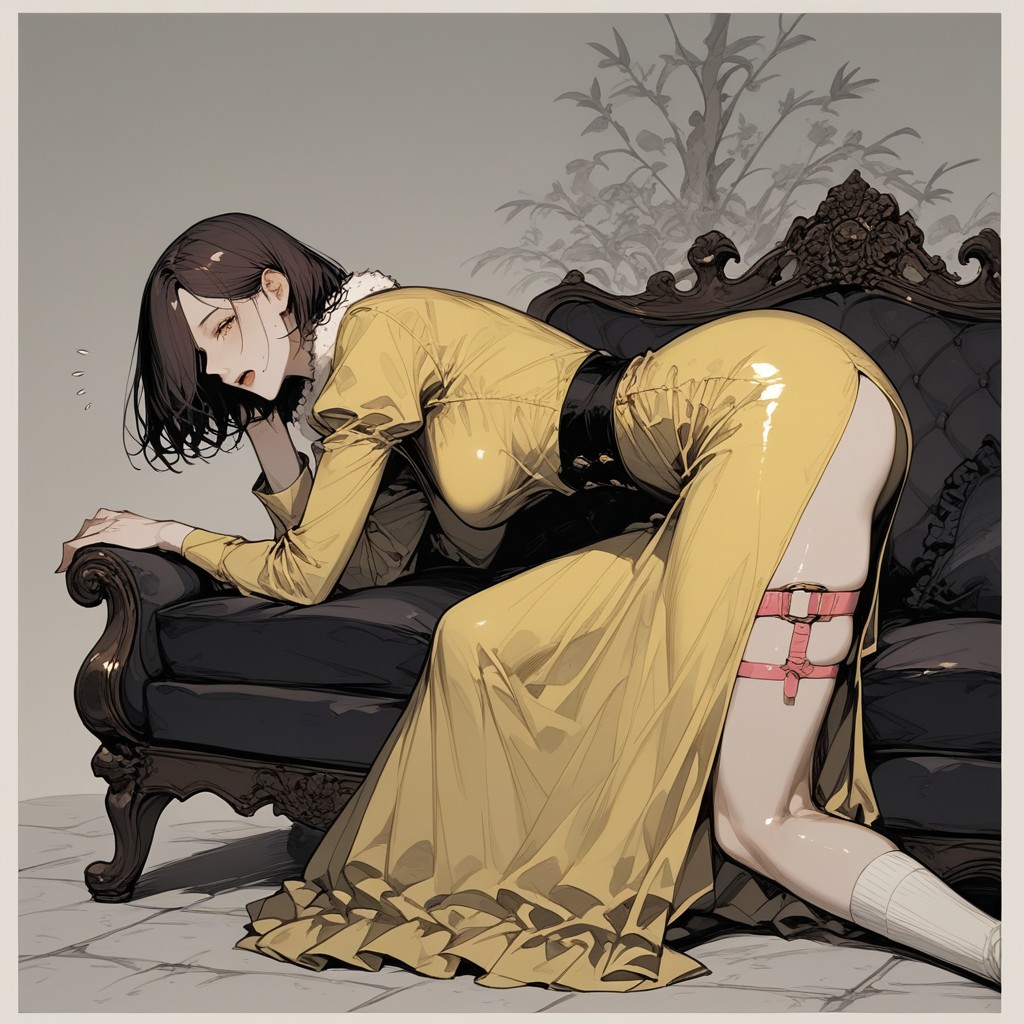 Yellow Dress, Underwear Outline, Hair Covering One Eye Hentai AI Porn