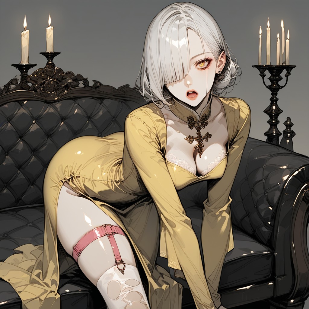 Tight Fitting Dress, Ripped Stockings, Yellow Dress Hentai AI Porn