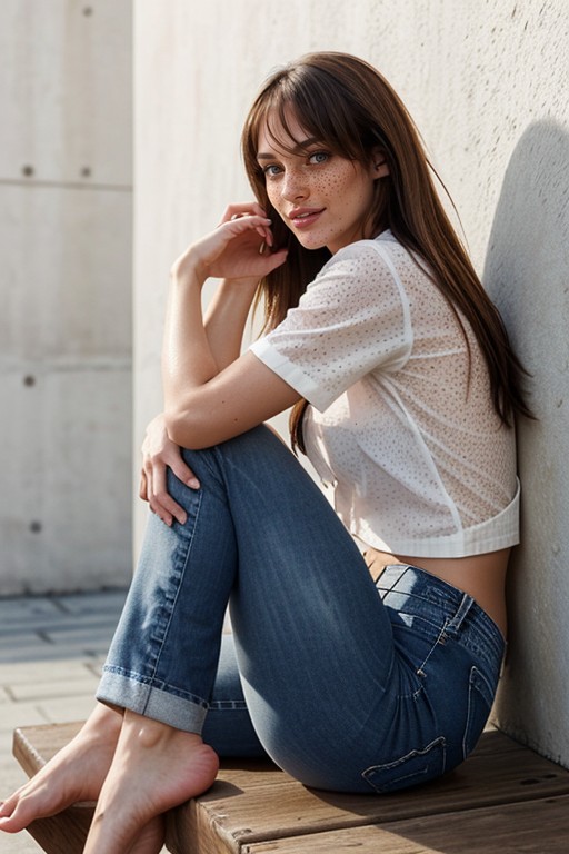 Brown Eyes, Worn Grey Jeans, Tilted Head AI Porn