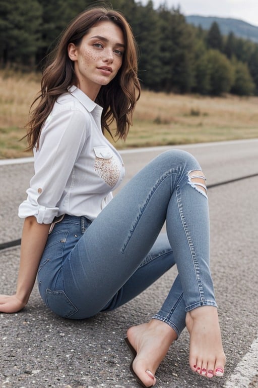 Seductive Eyes, White Tight Button Shirt, Tits Out AI Porn