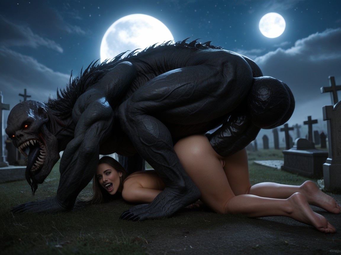 Massive Black Fanged Monster With Extreme Ultra Hyper Massive Black Veiny Cock In Woman Ass, In A Graveyard, Light Brunette Hair In Twintails AI Porn