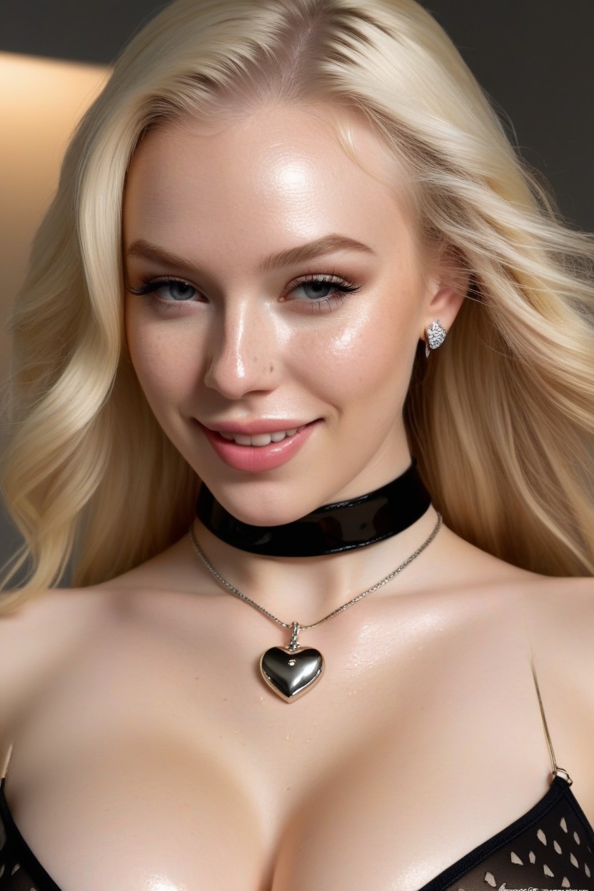 Hair Covering One Eye, Big Silver Heart Choker, Black Crotchless Pantyhose AI Porn