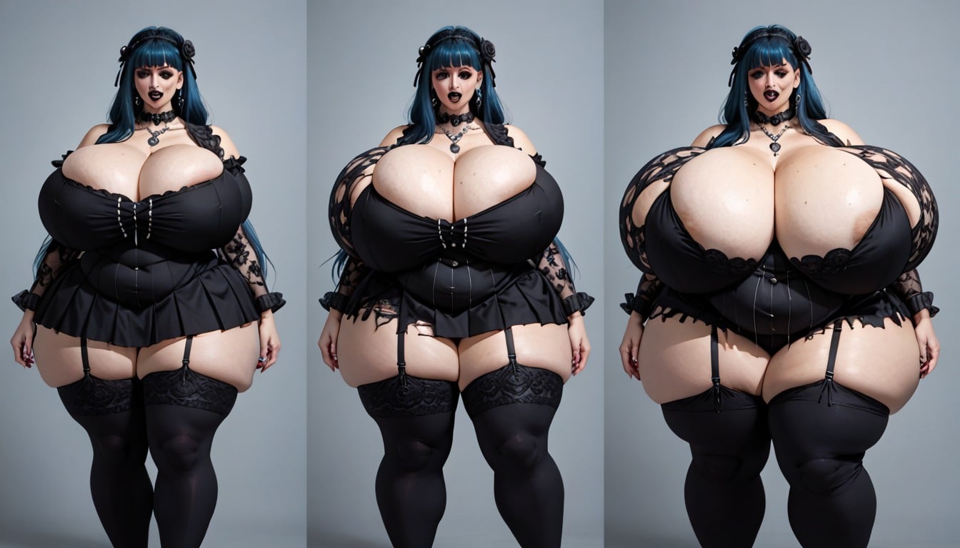 Long Straight Black Blue Hair, Extremely Large Ass, Extra Hyper Enlarging Weight Gain BBW AI Porn