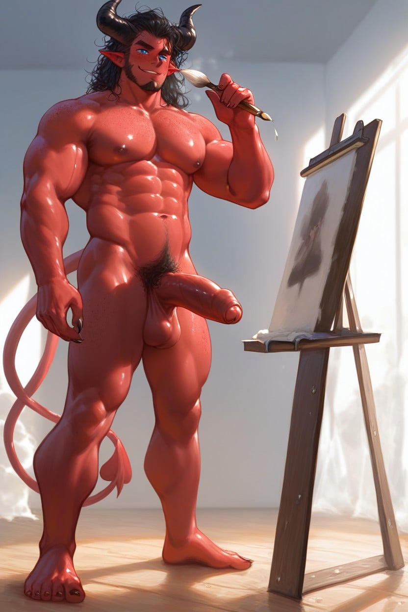 Russian Man Solo He Is Extremely Tall, Shy Smirk, Demon Tail AI Gay Porn