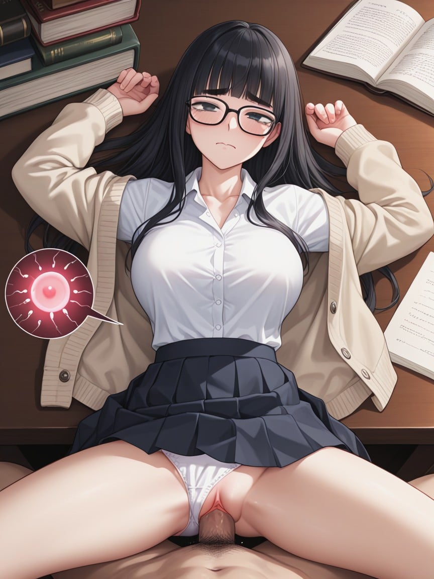 Beige Cardigan, Blunt Bangs, Nerd Hentai AI Porn