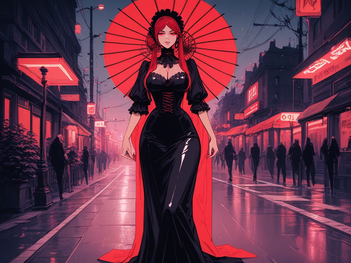 Breast Implants, Neon Red Fog In Background, Wing Tip Eyeliner Latina AI Porn