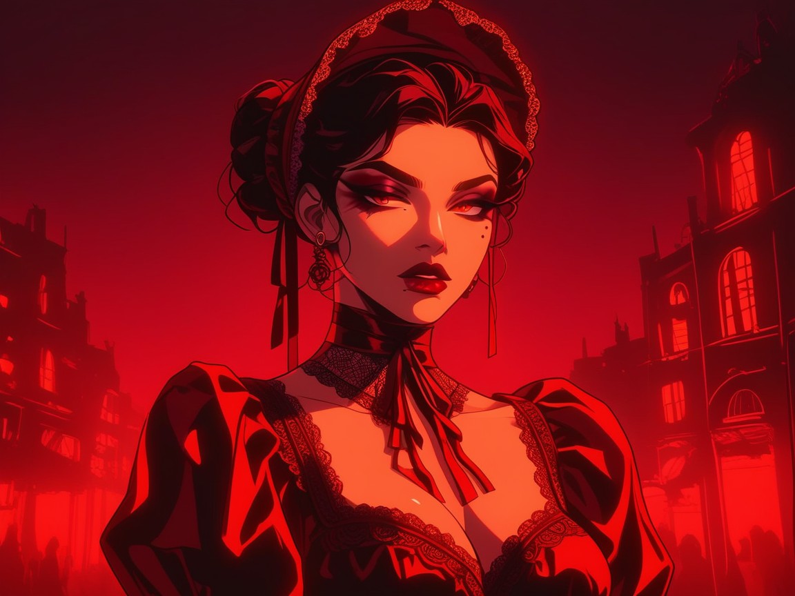 Wearing Red Snake Print Victorian Clothes, Red Neon Street Lights, Small Ass Latina AI Porn