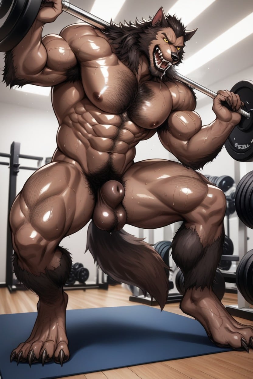Ripped Dark Blue Gym Shorts Are Ripped Open Exposing Crotch Area, Gym, The Image Of The Werewolf Is Of The Highest Quality And Detail AI Gay Porn