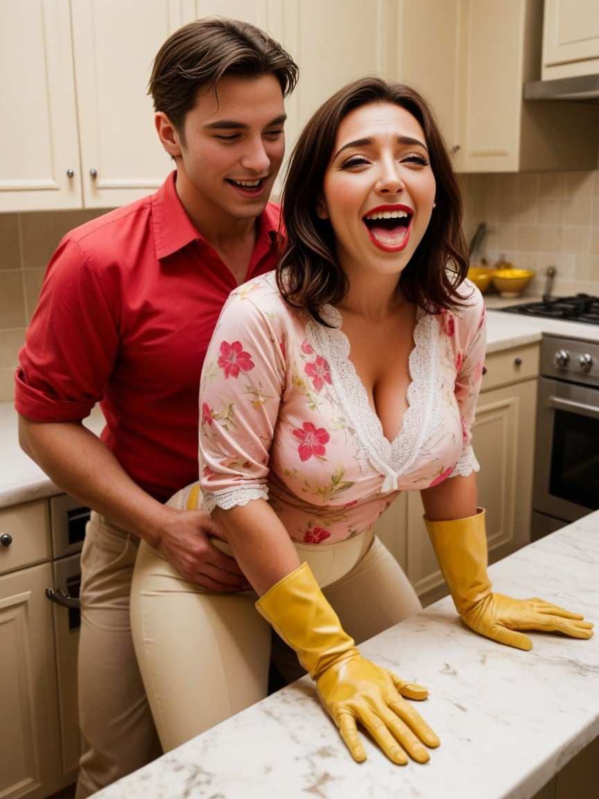 Couple Wearing Medium Length Yellow Kitchen Gloves, Kitchen, Orgasm Face AI Porn