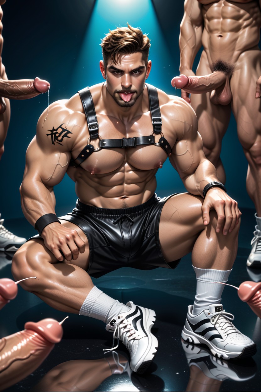 Sperm On Bodies, Dramatic Lighting Highlighting Muscles, Four Men AI Gay Porn