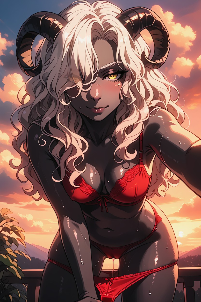 Red Lingerie, Sunset, Gold Eyes Furry AI Porn