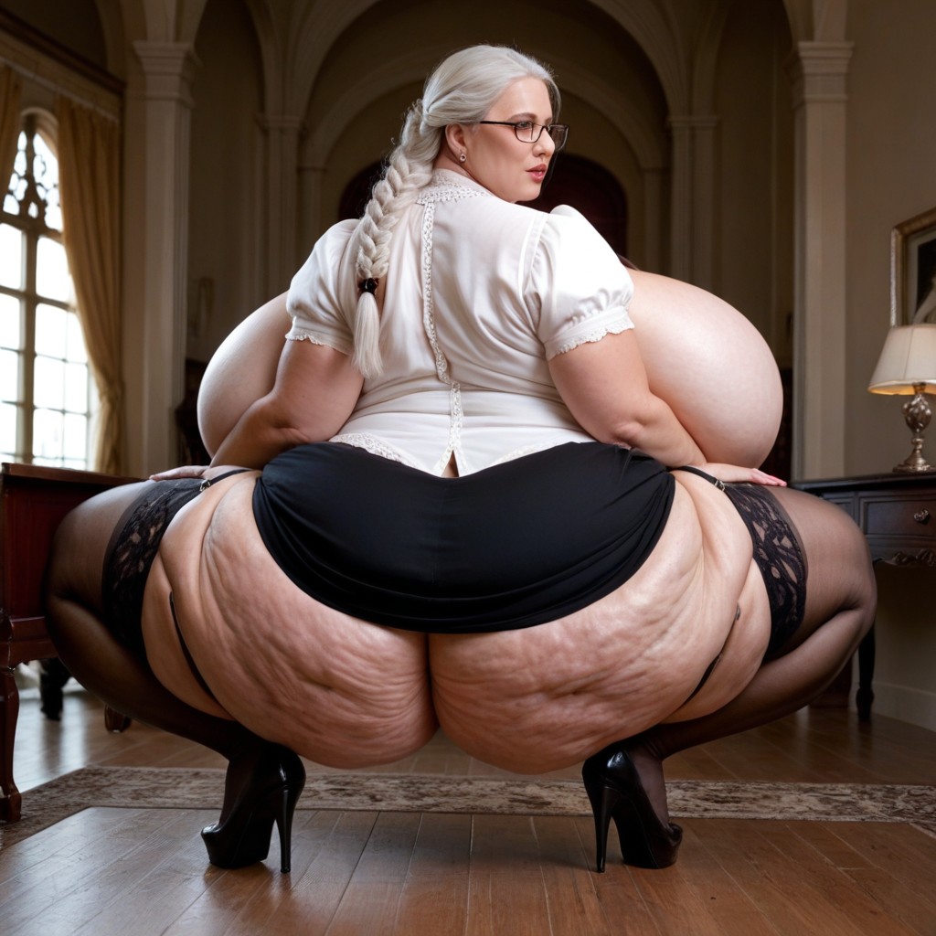 White Hair, Squatting, Full Body BBW AI Porn
