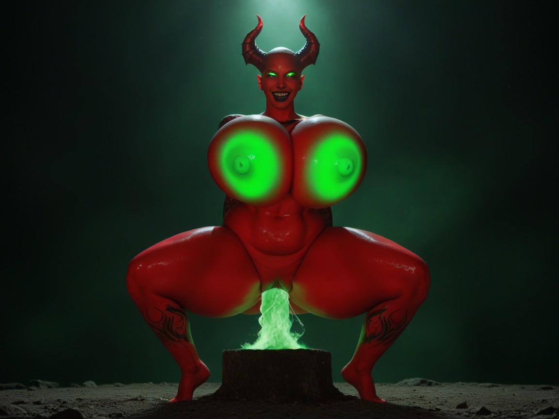 Thick Fluorescent Green Bikini, Huge Green Glowing Devil Horns, Demonic Green Aura AI Porn