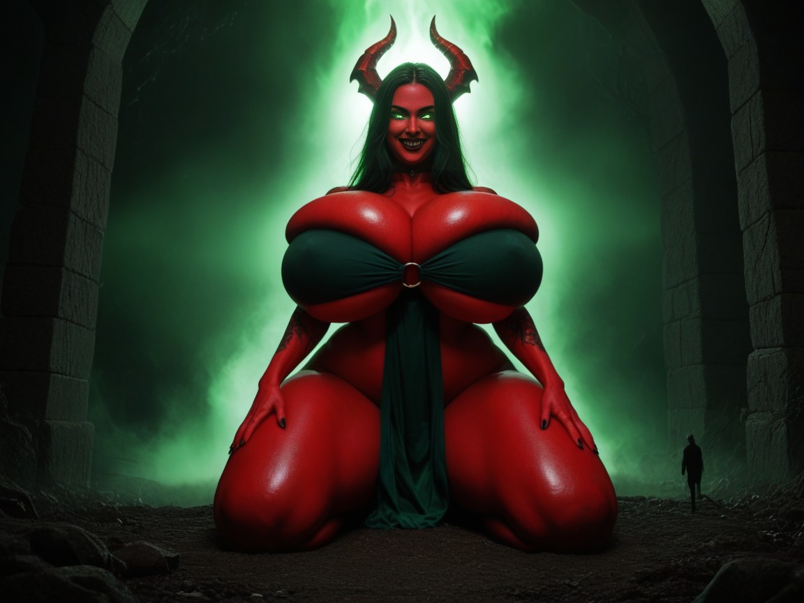She Has Ugly Monster Head, She Is A Red Devil Monster, Many Fluorescent Green Glowing Demonic Tattoos AI Porn