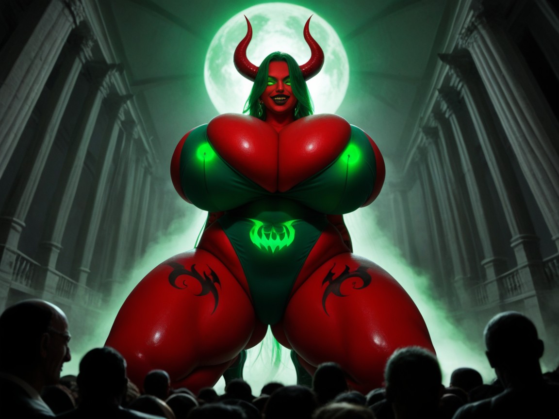 Very Bright Fluorescent Glowing Eyes, Colossal Breasts, Front View AI Porn