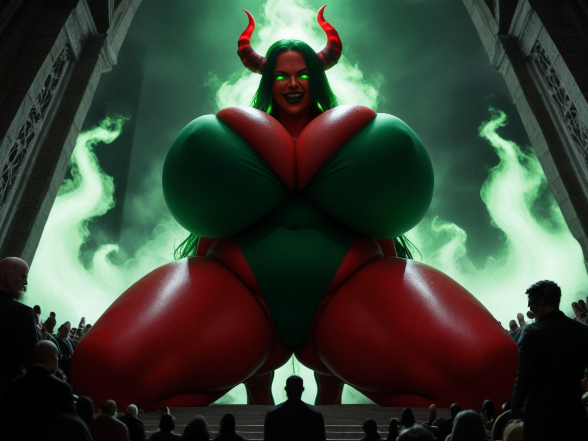 She Is A Giant Monster Standing Behind A Gigantic Portal, Night, Green Fluorescent Glowing Demonic Tattoos AI Porn