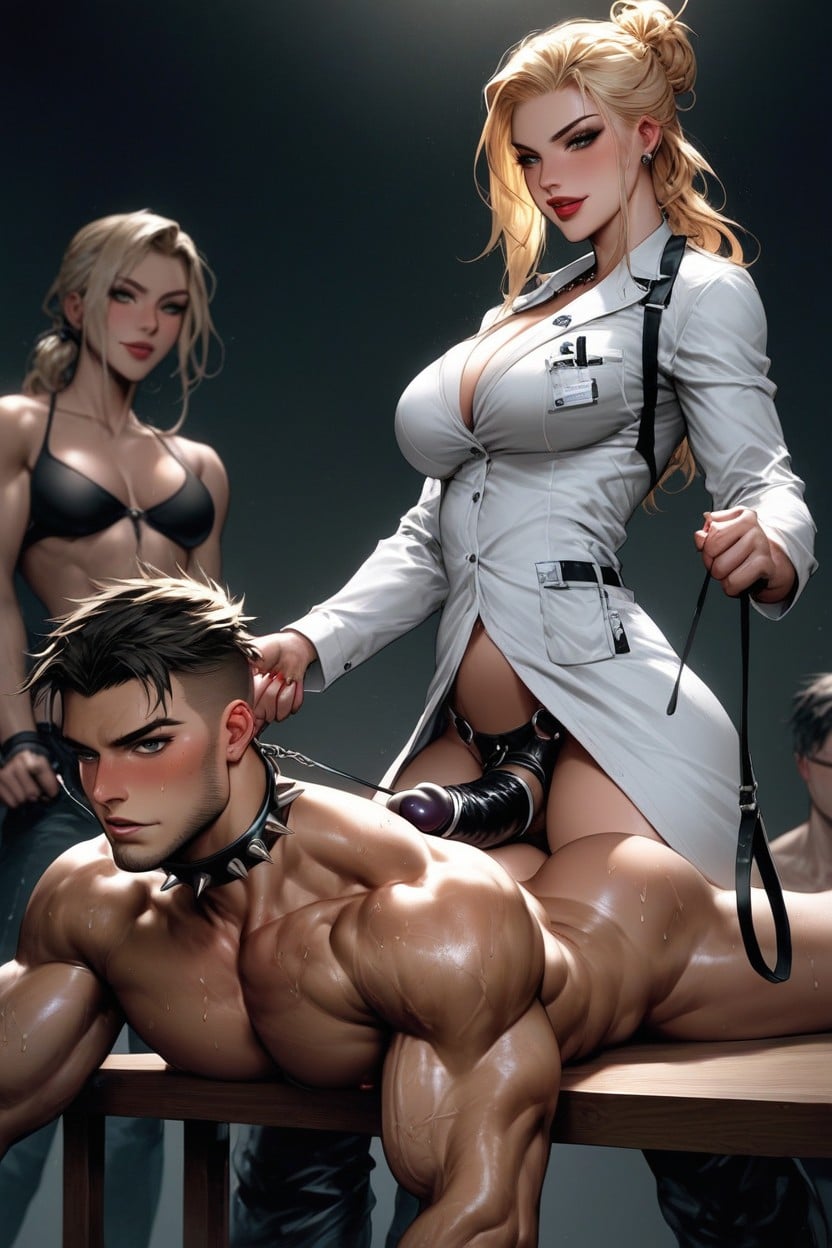 Female Standing, Male Wearing Spiked Collar And Leash, Male Appears AI Porn