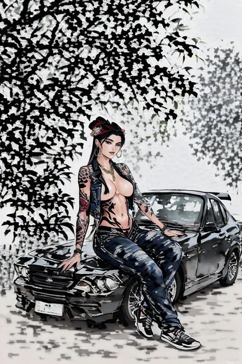 Volumetric Lighting, Ultra High Resolution, Black And Pink Inkwearingblue Denim Vest Hentai IA