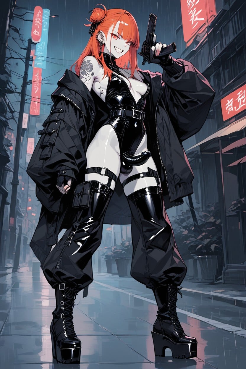 Transparent Leotard, Top Bun Hair, Syberpunk City Street Background Shemale AI Porn