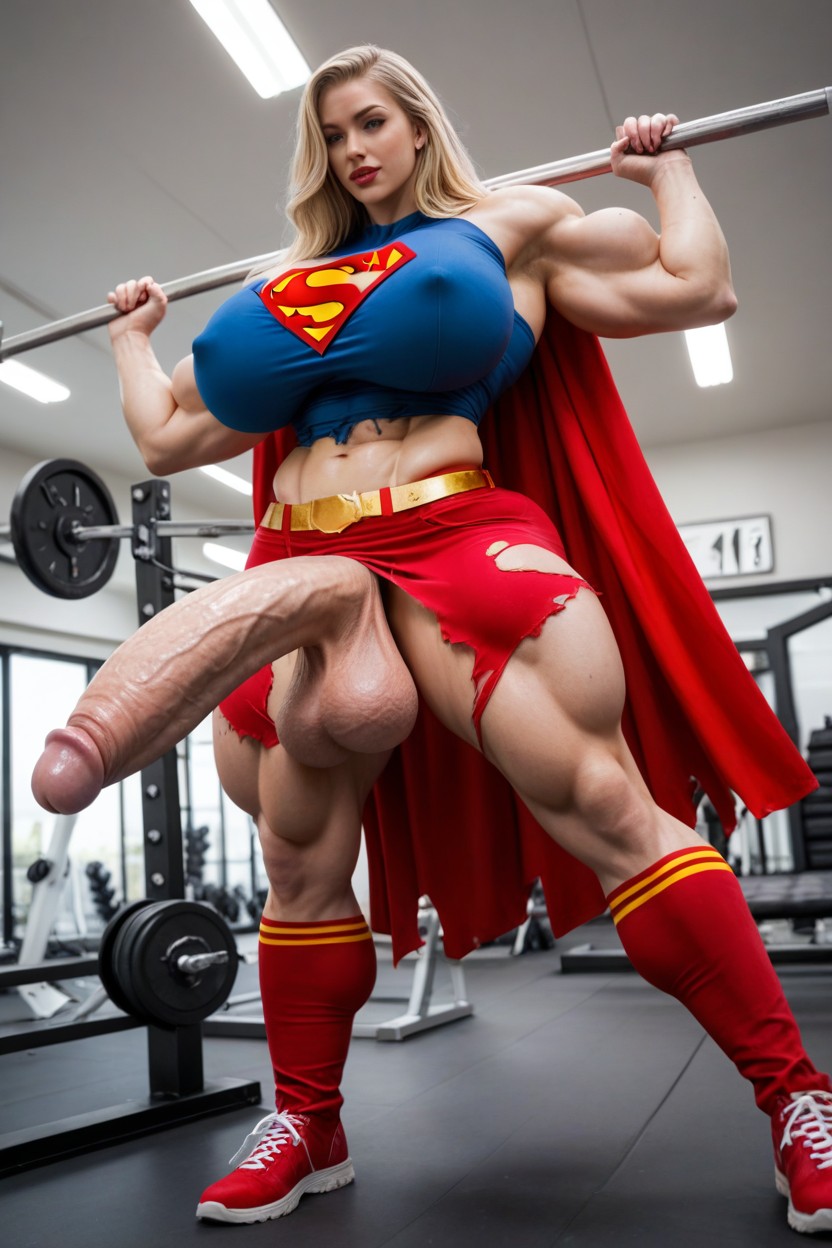 Fully Erect Penis, Fully Clothed, Blue Top Long Sleeve With One Superman Symbol Shemale AI Porn