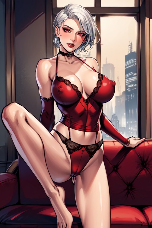 Oiled Skin, Luxury Penthouse Living Room, Red Lace Lingerie Bodysuit Hentai AI Porn