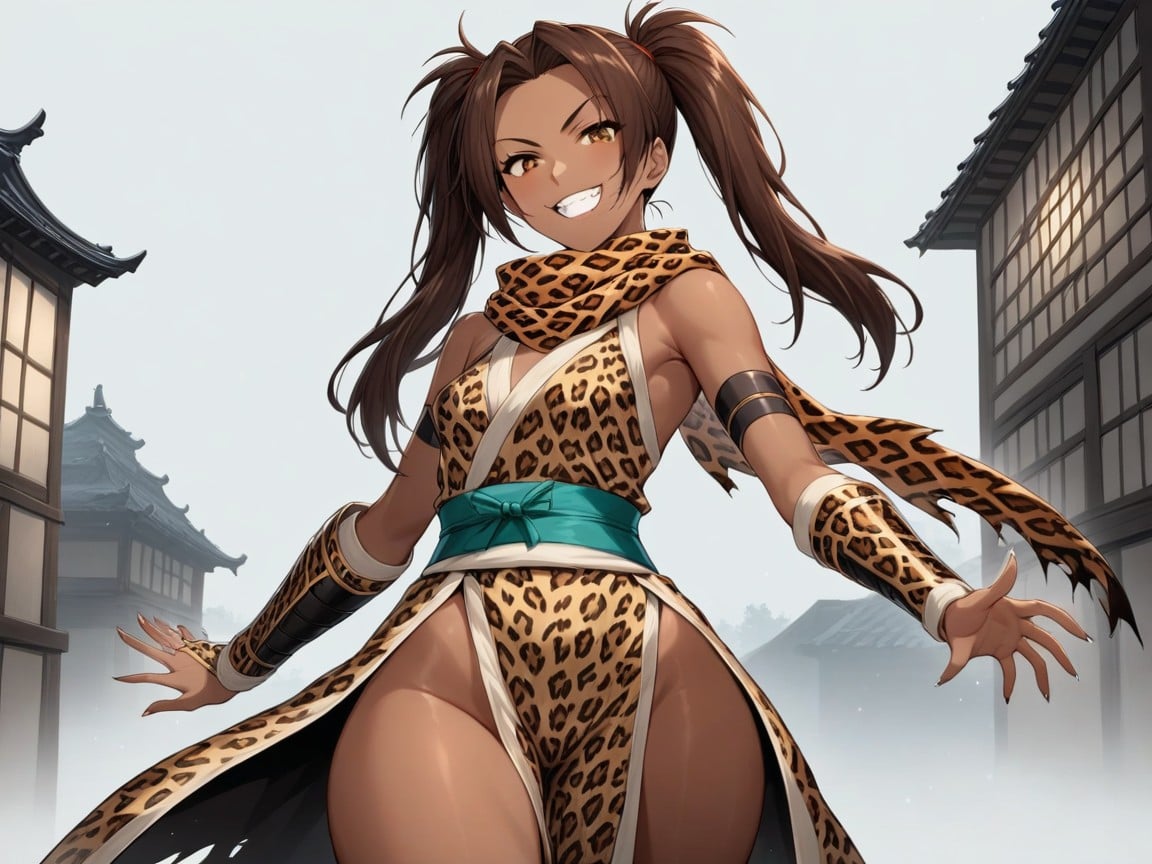 Clothes Ultra Detailed, Dark Skin Brown, Torn Leopard Print Samurai Robes Latina AI Porn