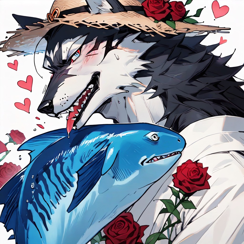 Samurái, Black Furry Wolf And Blue Fish Facing Each Other, Bishounen Furry IA