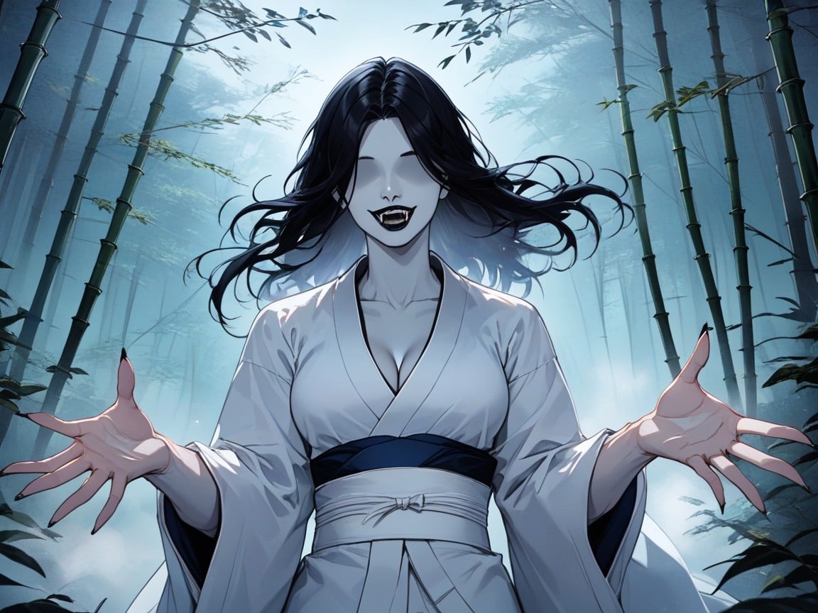 Rounded Natural Breast, Floating In A Bamboo Forest At Night, Long Disheveled Black Hair Hentai AI Porn