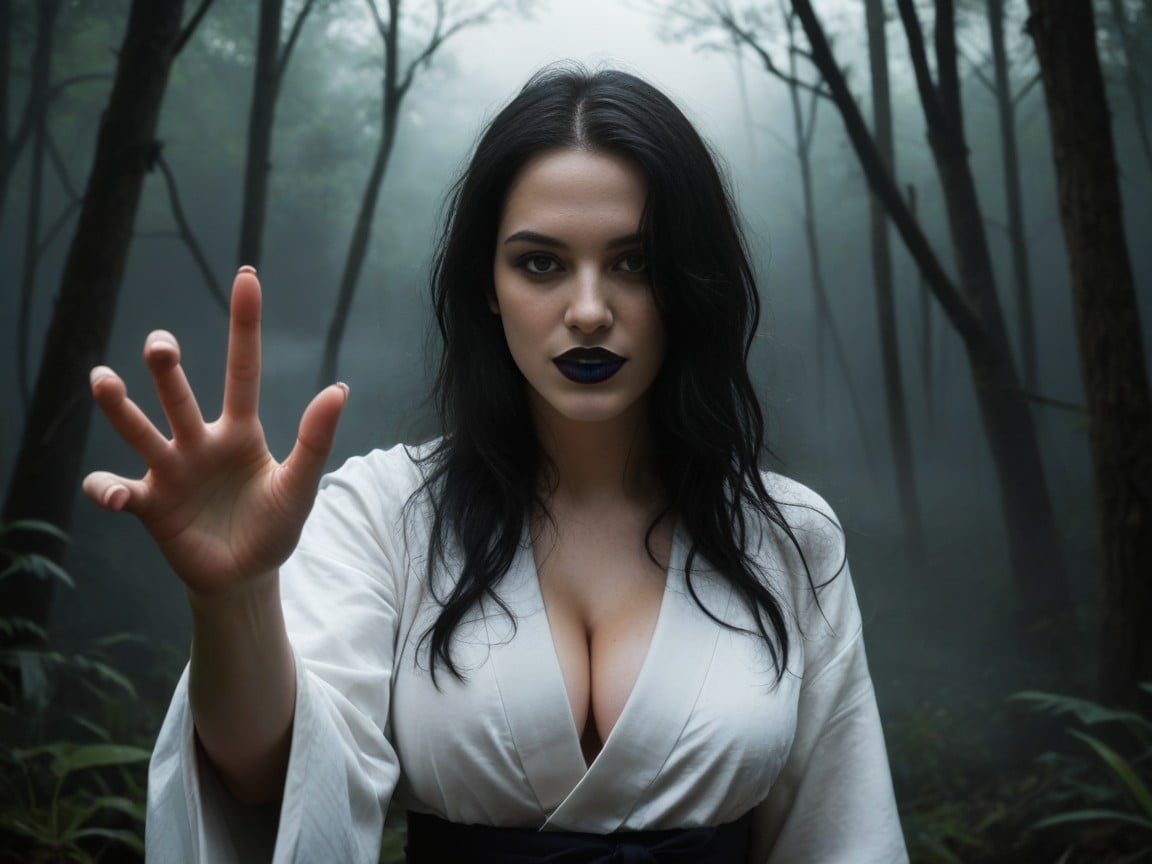 Long Disheveled Black Hair, Dimly Lit, At Night AI Porn
