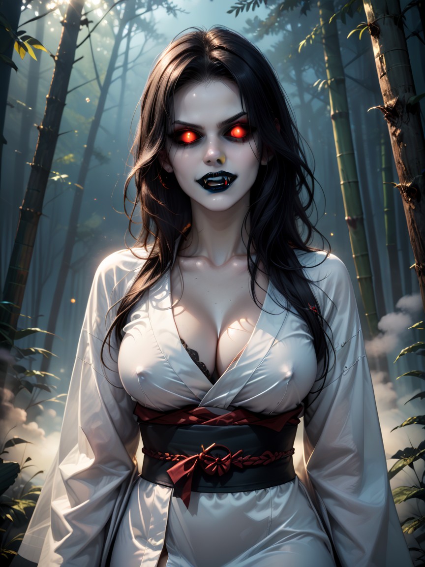 Realistic, Wide Angle View, Floating In A Bamboo Forest At Night Hentai AI Porn