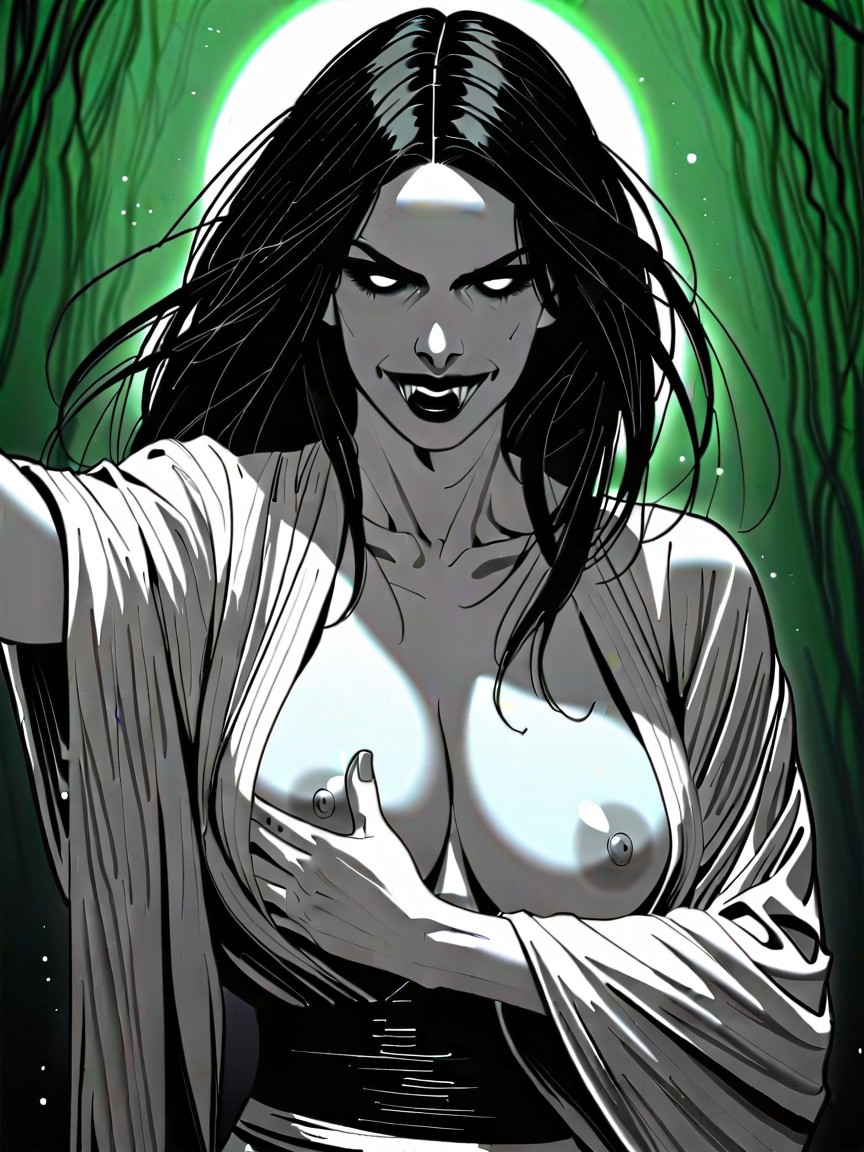Sorrowful Expression, Cleavage, Long Disheveled Black Hair Hentai AI Porn