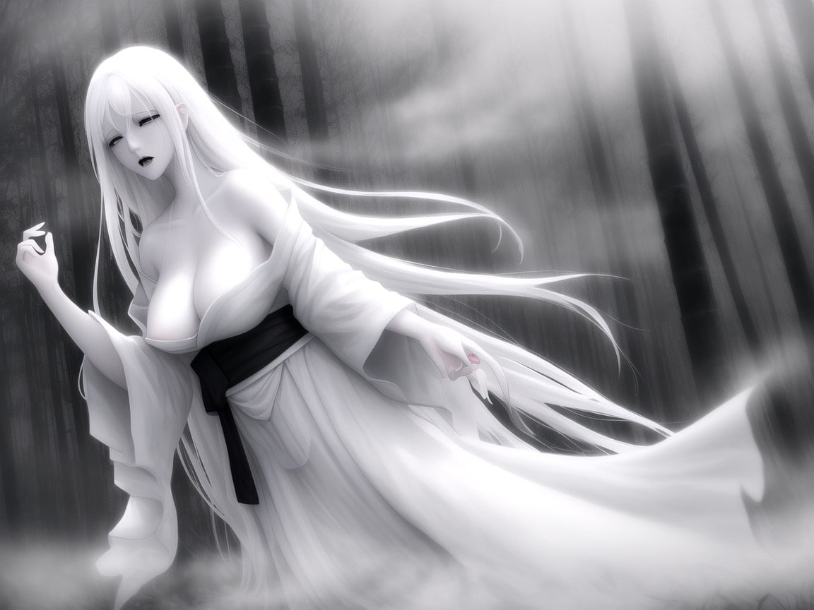 Accurate Hands, White Kimono Trailing Into Fog, Black Eye Sockets Hentai AI Porn