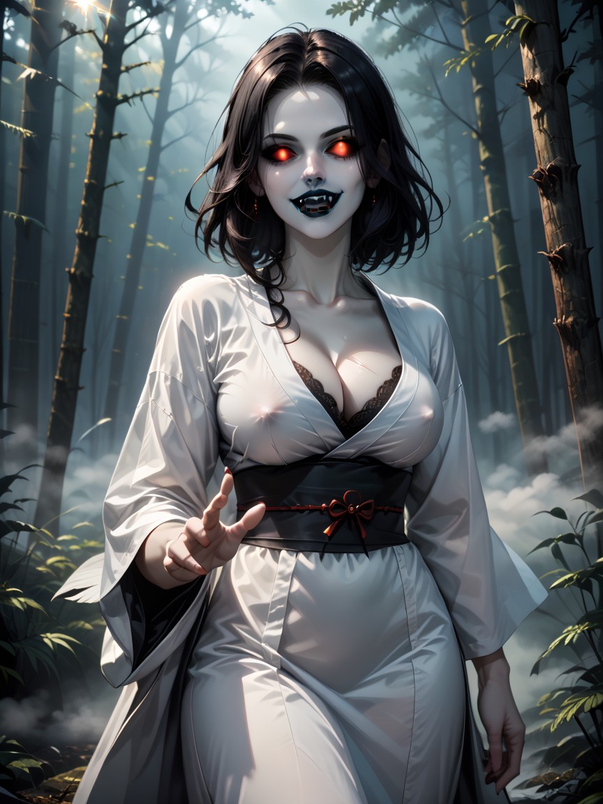 Subject Reaching Hand Out Towards Viewer, Fog, Vampire Fangs Hentai AI Porn