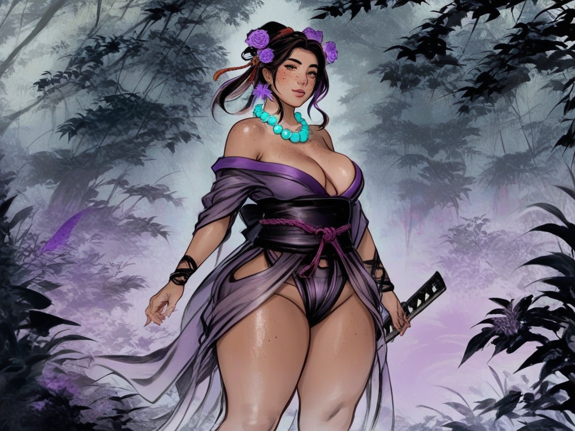 Glowing Neon Purple Threads, Freckles On Face, Proportionate Waist Hentai AI Porn
