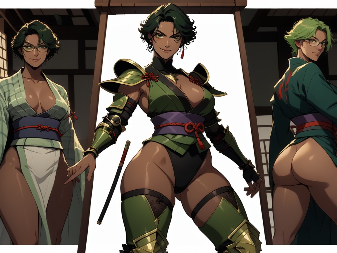 Anvil In Background, Samurai Armor On A Stand In Background, Very Short Hair Latina AI Porn