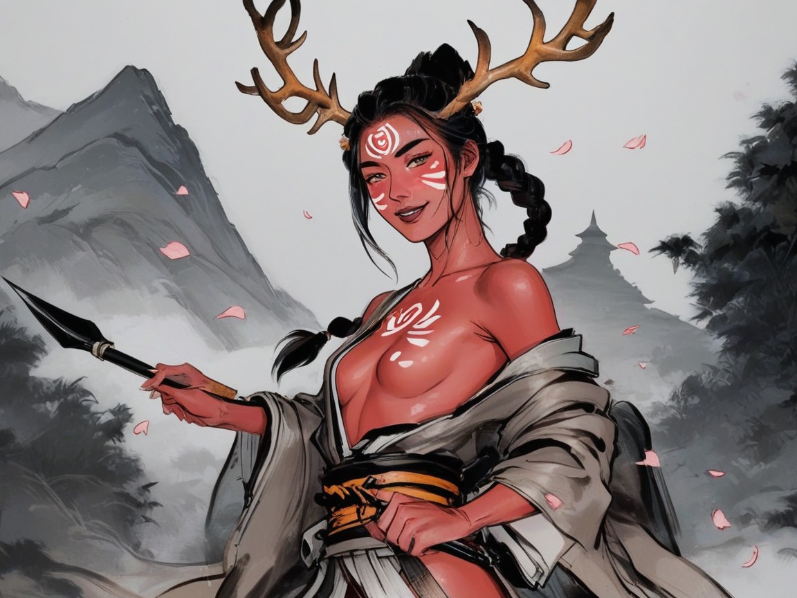 Close Set Breasts, 18+, Antler Crest Samurai Helmet Hentai AI Porn