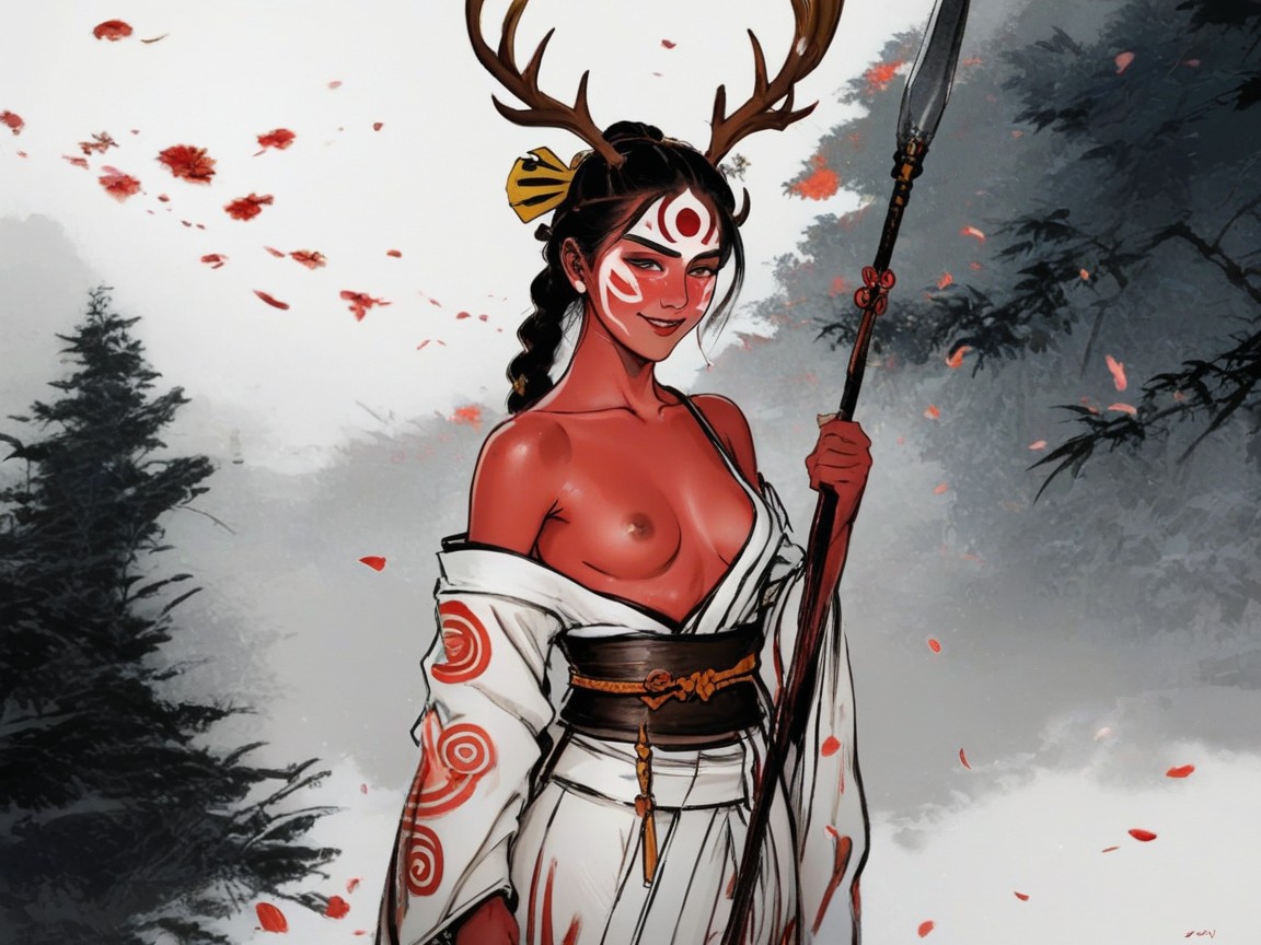 Antler Crest Samurai Helmet, 18+, Orange Samurai Flag In Background Hentai AI Porn