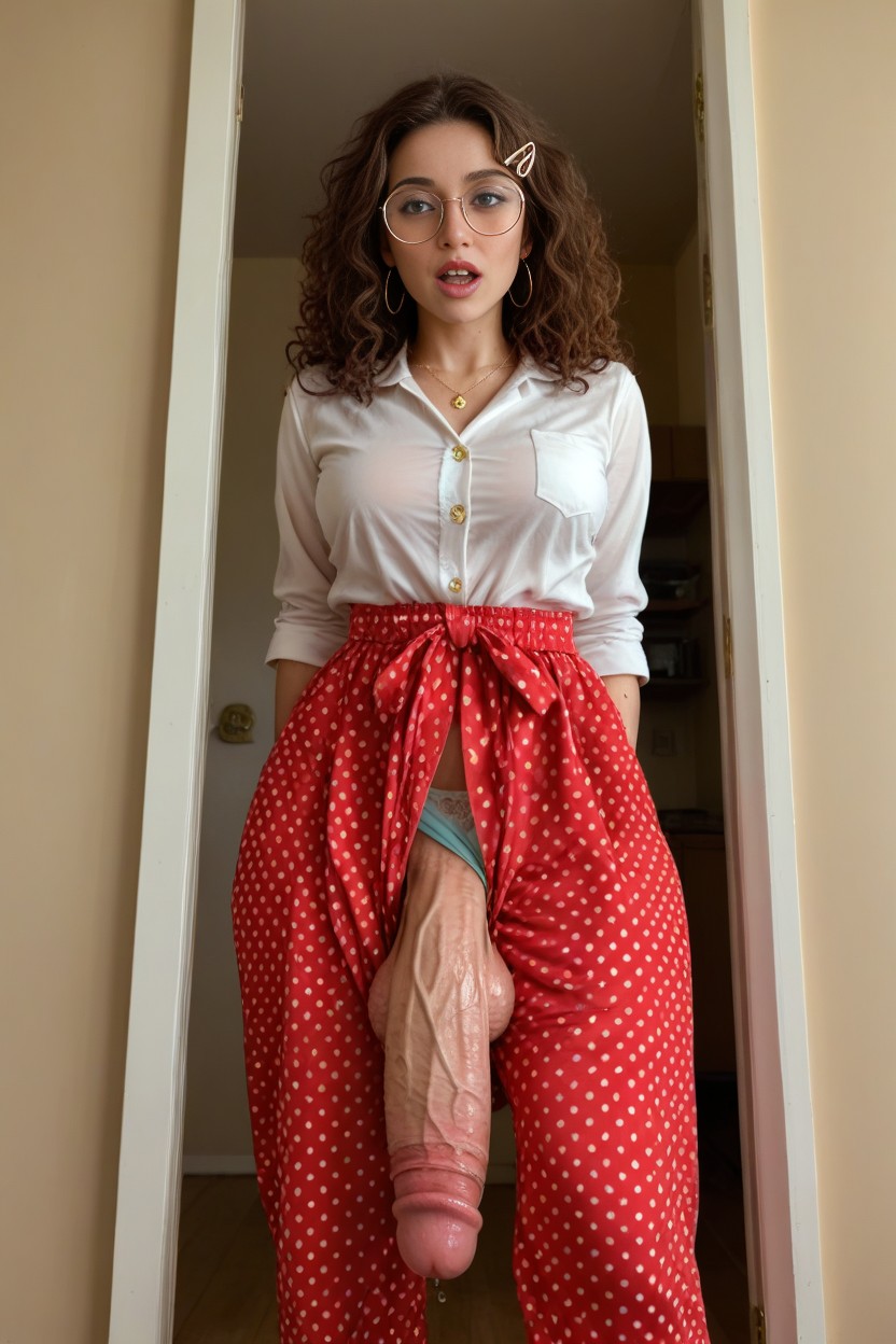 Woman Looking Up, Open Mouth, Round Gold Frame Glasses Porno IA transsexuelle