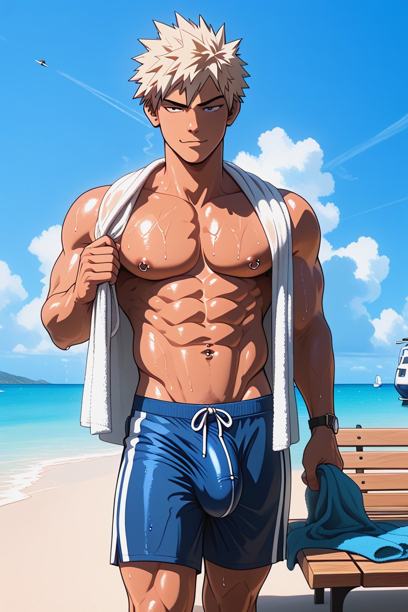 Dick Peeking Through The Towel, Mischievous Smirk, Tanned Porno IA Gay