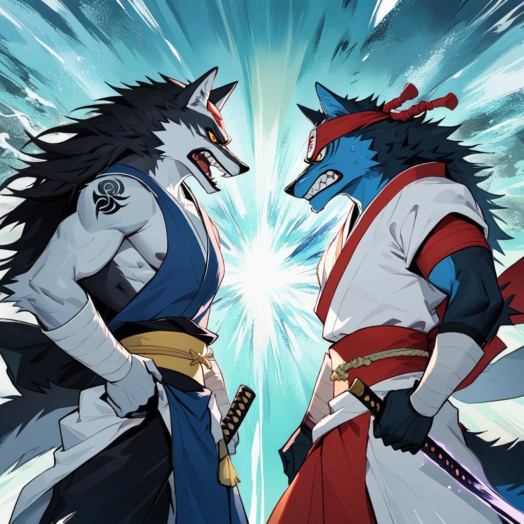 Brawl, Attacking Poses, Black Wolf Attacking With A Samurai Curved Blade Furry AI Porn